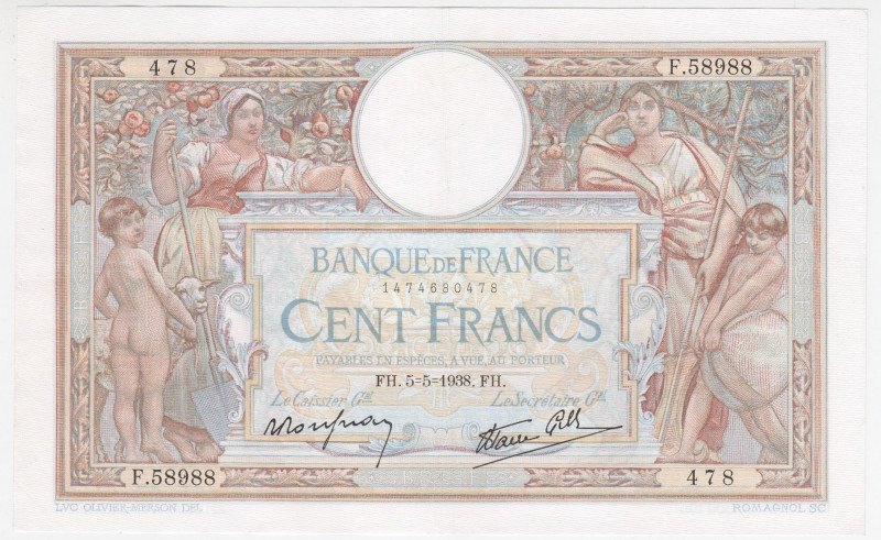 France 100 Francs 1938

P# 86b, N# 206023; # F.58988 478; AUNC