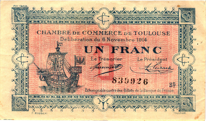 France Notgeld Chambre de Commerce de Toulouse 1 Franc 1914

JP# 122- 06; # S ...