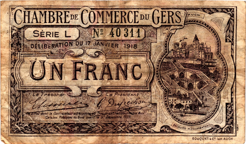 France Notgeld Chambre de Commerce du Gers 1 Franc 1918

JP# 15- 14; # L 40311...