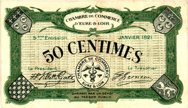 France Notgeld Chambre de Commerce d'Eure et Loir 50 Centimes 1921

JP# 45- 11...