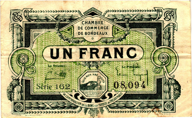 France Notgeld Chambre de Commerce de Bordeaux 1 Franc 1923

JP# 30- 21; # 162...