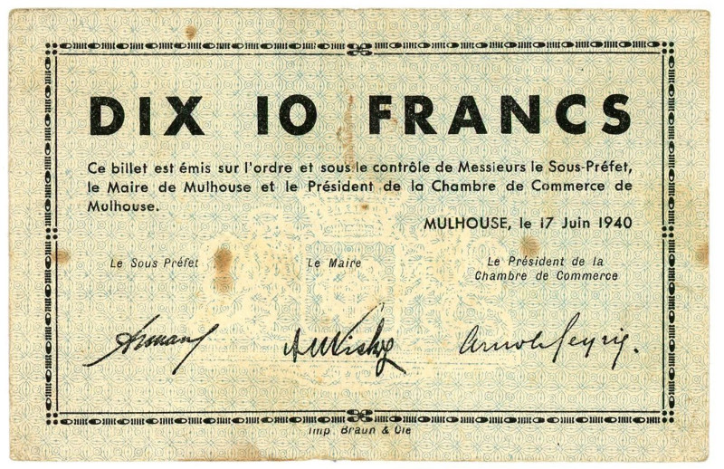 France Mulhouse 10 Francs 1940

Henon BU 50.3; # C 033407; VF