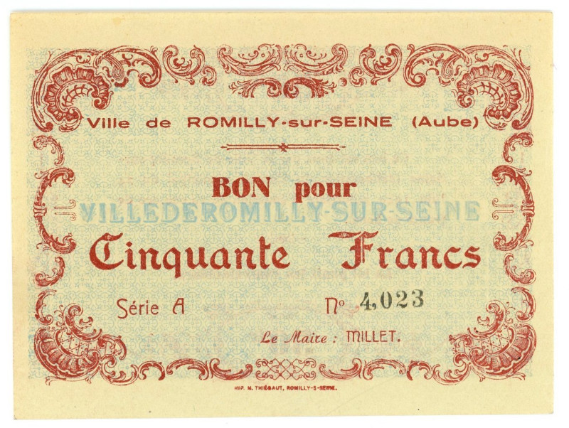 France Ville de Romilly 50 Francs 1940

Henon BU 81.1; # A 4023; UNC