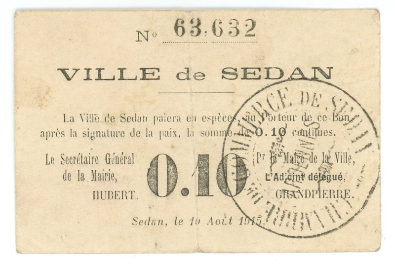 France Notgeld Ville de Sedan 10 Centimes 1915

# 63632; VF, With pinholes