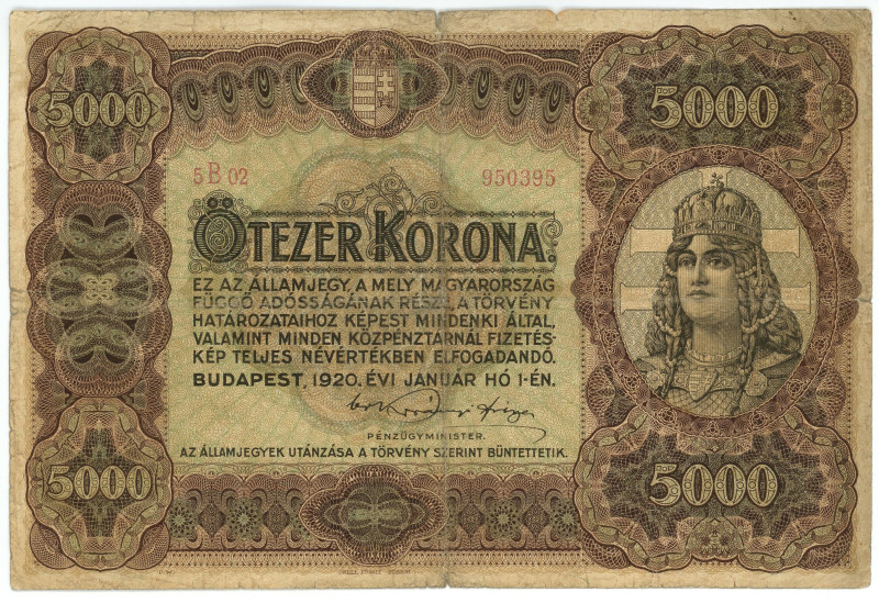 Hungary 5000 Korona 1920

P# 67, N# 216648; # B 5 02 950395; F+, Hole