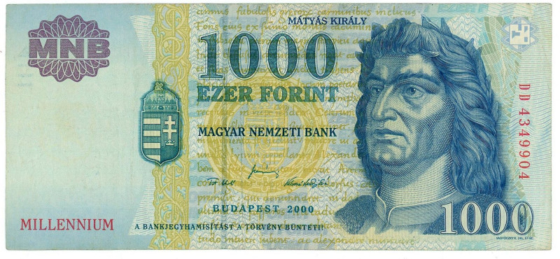 Hungary 1000 Forint 2000

P# 185, N# 217054; # DD 4349904; VF