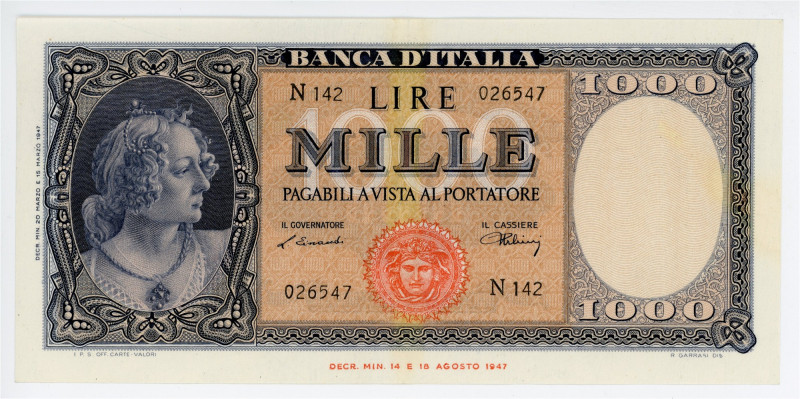 Italy 1000 Lire 1947

P# 83, N# 208564; # N142 026547; AUNC