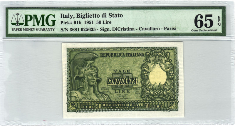 Italy 50 Lire 1951 PMG 65 EPQ Gem Uncirculated

P# 91b, N# 206641; # 206641