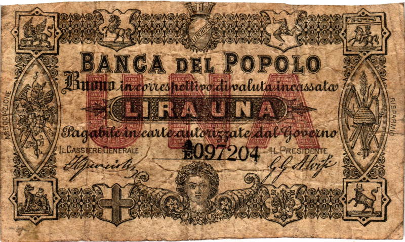 Italy Banco Del Popolo 1 Lira 1868

# A/E 097804; VF-