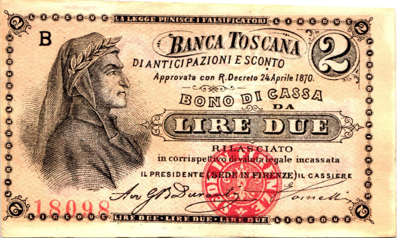 Italy Banca Toscana Di Anticipazioni E Sconto 2 Lire 1870

# B 18098; AUNC