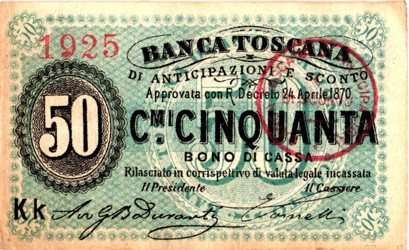 Italy Banca Toscana Di Anticipazioni E Sconto 50 Cinquanta 1870

# Kk 1925; AU...