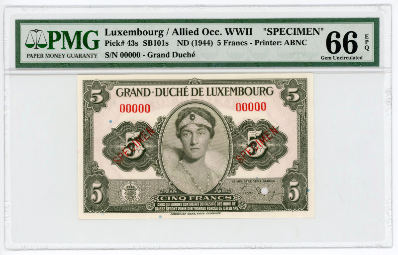 Luxembourg 5 Francs 1944 (ND) Specimen PMG 66 EPQ Gem Uncirculated

P# 43s, N#...