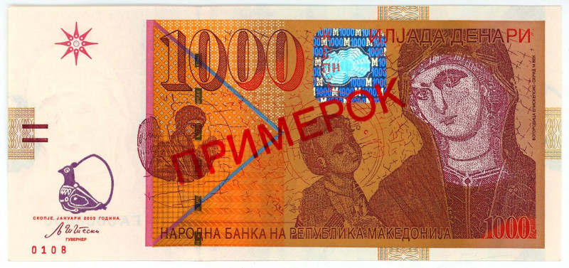 Macedonia 1000 denar 2003 Specimen

P# 22s, N# 215329; # ГА0000000; UNC