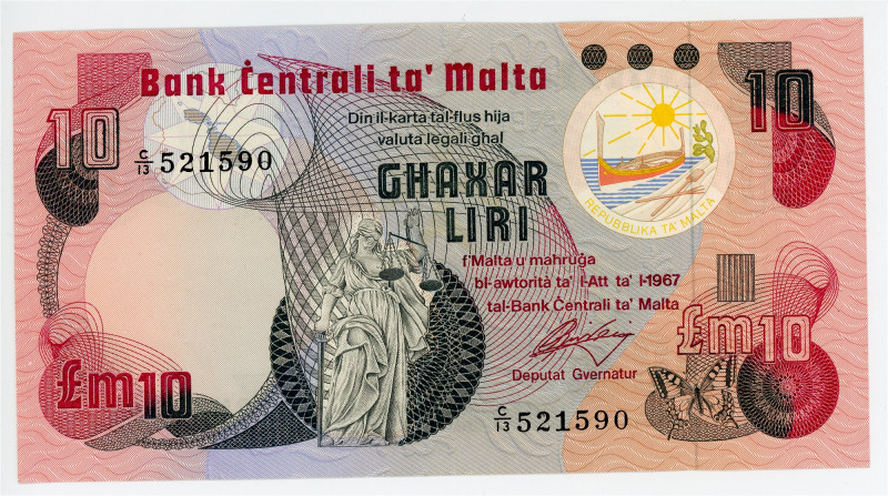 Malta 10 Liri 1967 - 1979

P# 36b, N# 217291; # C/13 521590; With three dots; ...