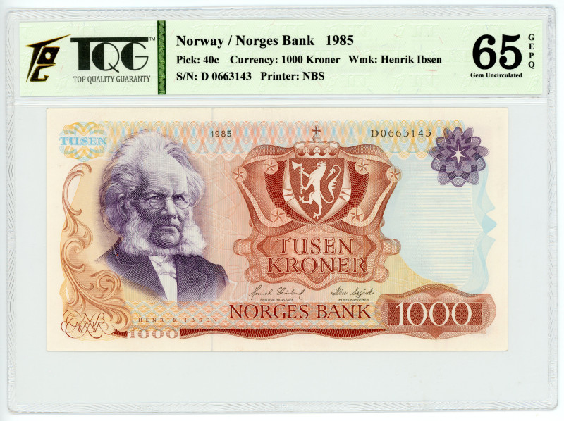 Norway 1000 Kroner 1985 TQG 65 GEPQ Gem Uncirculated

P# 40c, N# 231209; # D 0...