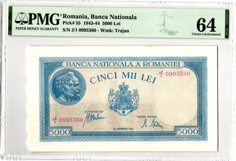 Romania 5000 Lei 1943 - 1944 PMG 64 Choice Uncirculated

P# 55a, N# 205746; # ...