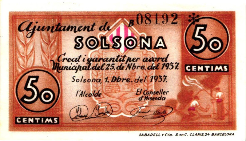 Spain Notgeld Solsona 50 Centims 1937

N# 336206; # B 08192*; UNC