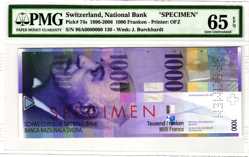 Switzerland 1000 Franken 1996 PMG 65 EPQ Gem Uncirculated

P# 74s, N# 202181; ...