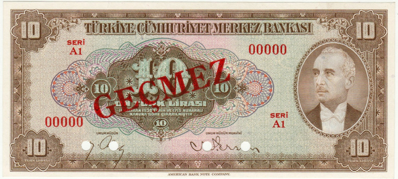 Turkey 10 Lira 1948 (ND) Specimen

P# 148s, N# 285388; # A1 00000; UNC