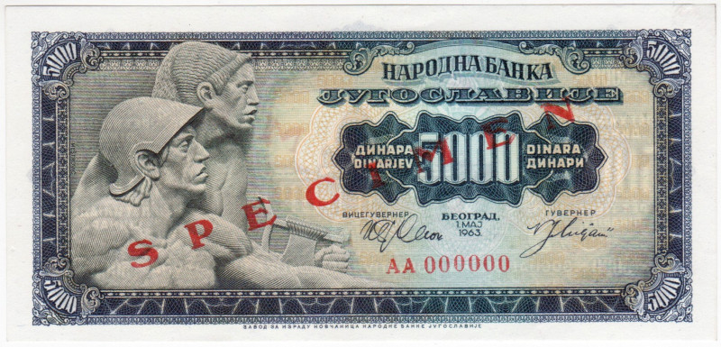 Yugoslavia 5000 Dinara 1963

P# 76s, N# 300955; # AA 000000; UNC