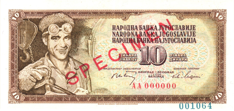 Yugoslavia 10 Dinara 1968 Specimen

P# 82s, N# 202011; # AA 000000 001064; UNC