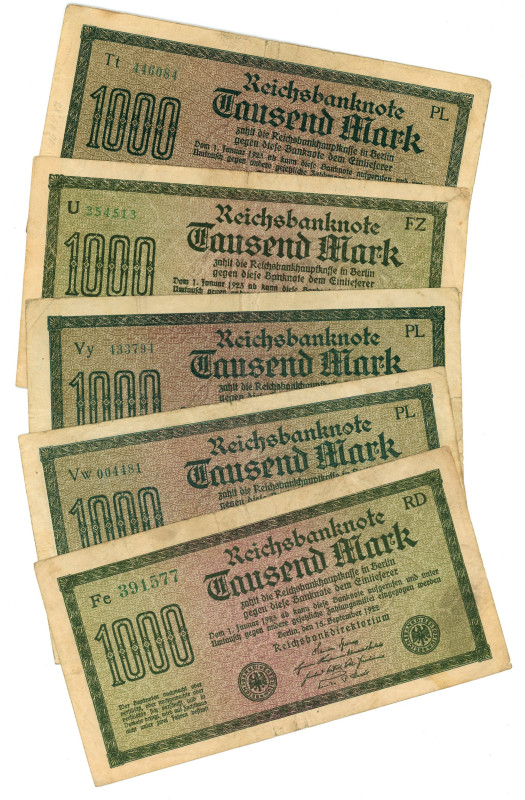 Germany - Weimar Republic 5 x 1000 Mark 1922

P# 76, N# 202207; VF