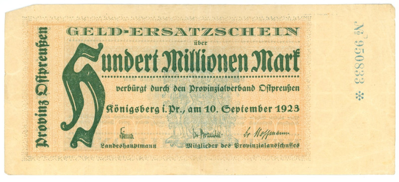 Germany - Weimar Republic Ostpreussen Konigsberg 100 Million Mark 1923

Karpin...