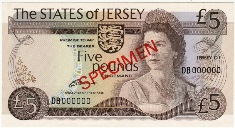 Jersey 5 Pounds 1976 - 1988 (ND) Specimen

P# 12s, N# 212784; # DB 000000; UNC