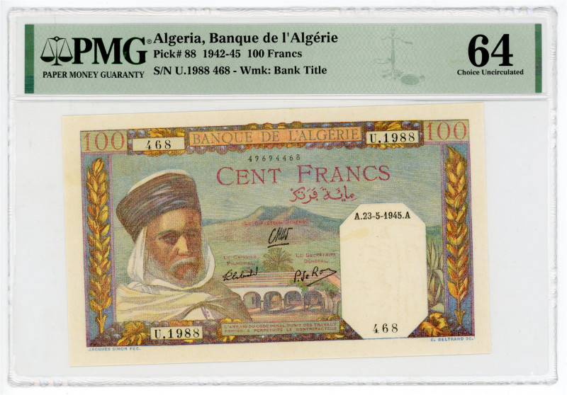 Algeria 100 Francs 1942 - 1945 PMG 64 Choice Uncirculated

P# 88, N# 259079; #...