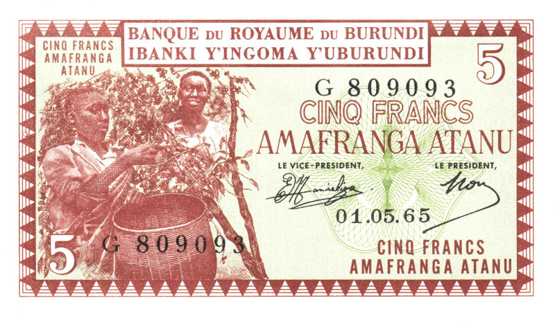 Burundi 5 Francs 1965

P# 8, # 809093; UNC