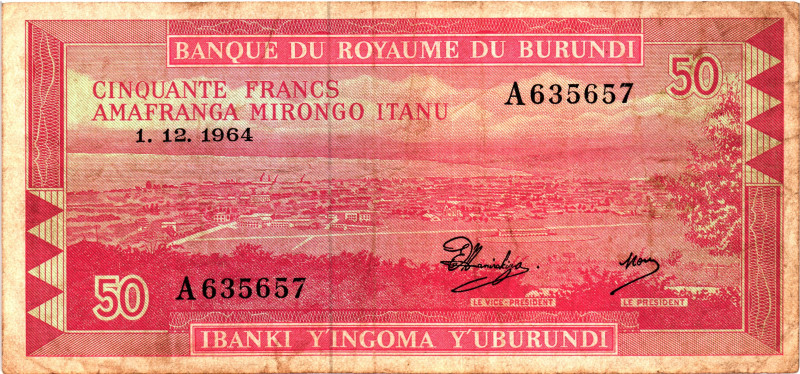 Burundi 50 Francs 1964

P# 11a, N# 254195; # A 635657; VF