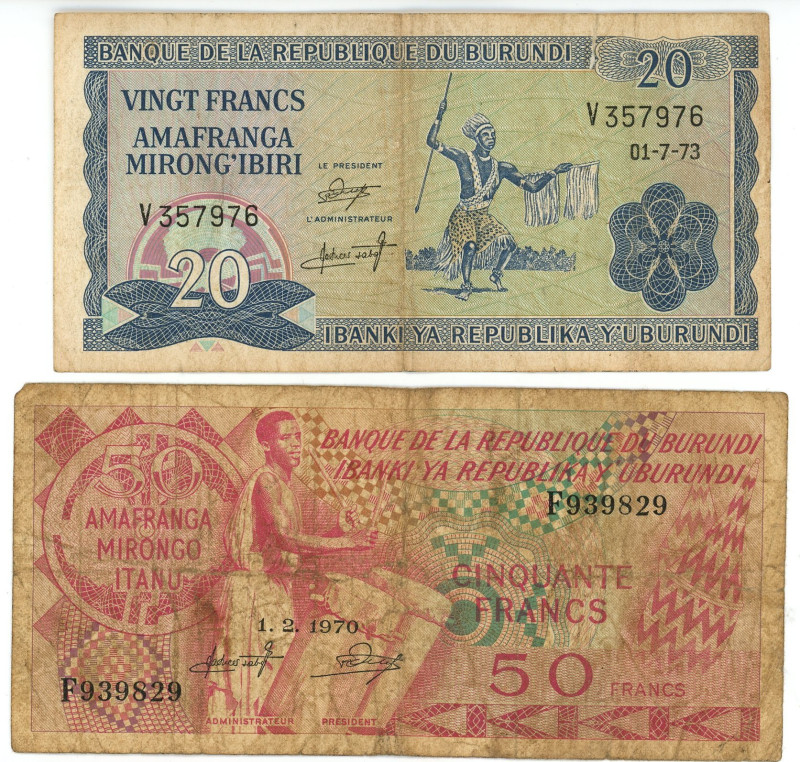 Burundi 20 - 50 Francs 1970 -1973

P# 21b, 22b, F-VF, Tear