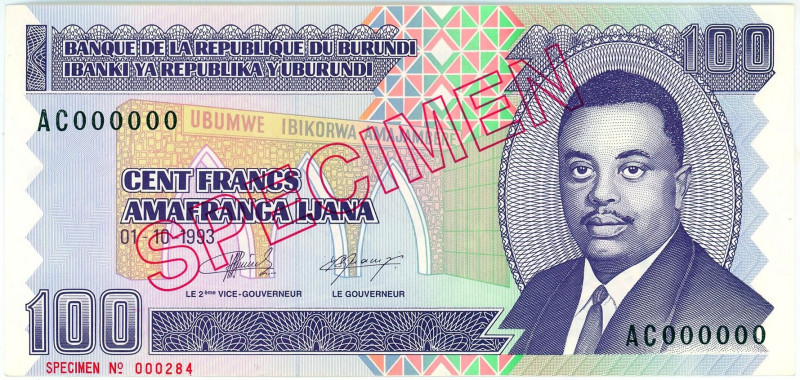 Burundi 100 Francs 1993 Specimen

P# 37s, N# 206367; # AC000000; Overprint SPE...