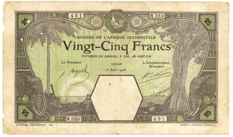 French West Africa Dakar 25 Francs 1926

P# 7Bc, N# 268343; # N 369 491; VF