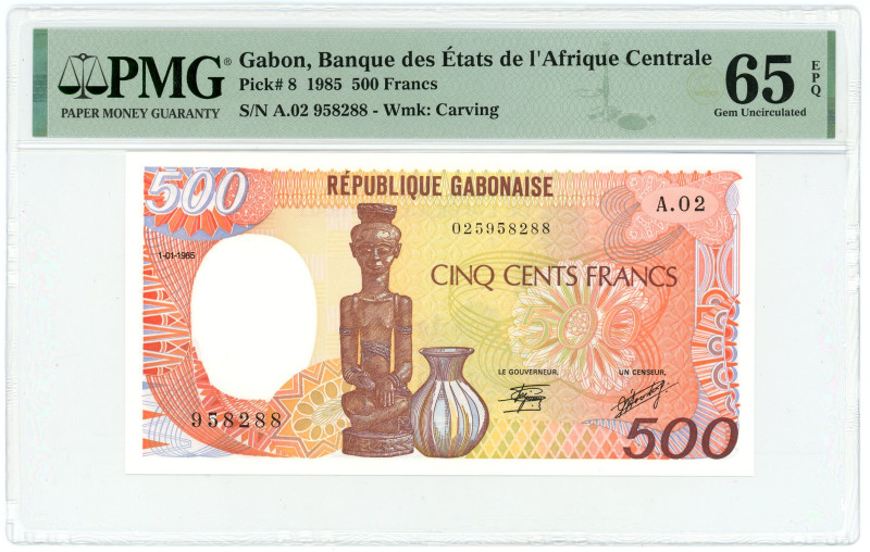 Gabon 500 Francs 1985 PMG 65 EPQ Gem Uncirculated

P# 8a, N# 213562; # A 02 02...