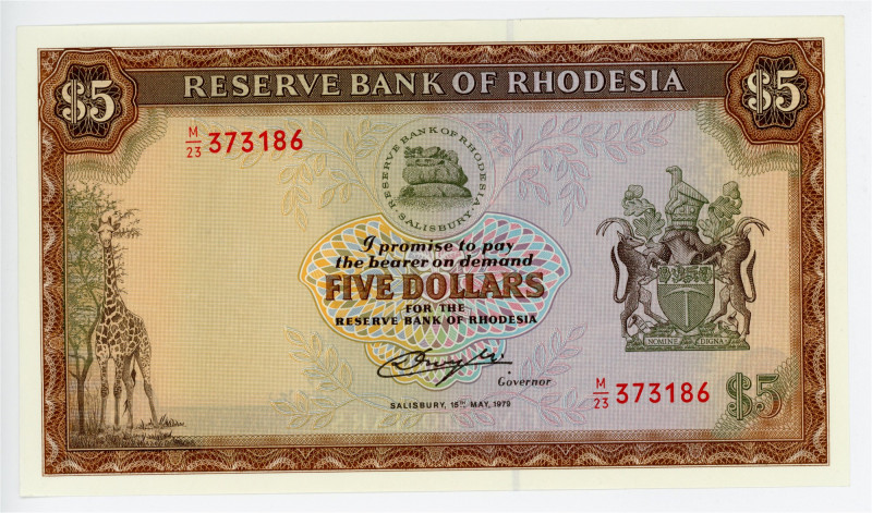 Rhodesia 5 Dollars 1979

P# 40a, N# 237074; # M/23 373186; UNC