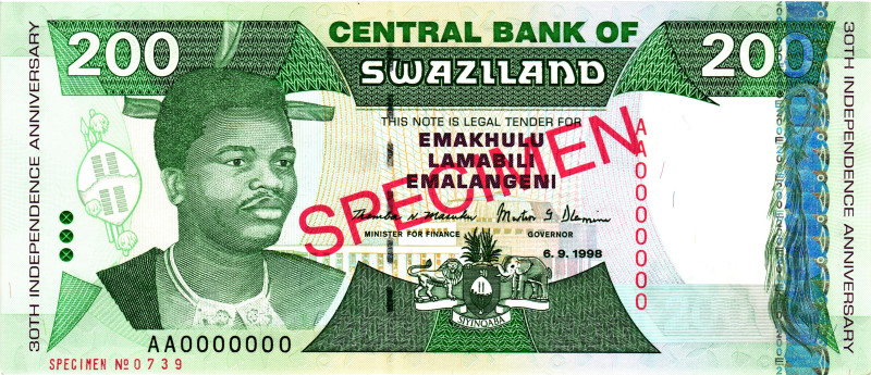 Swaziland 200 Emalangeni 1998 Specimen

P# 28s, N# 217086; # AA 0000000 0739; ...