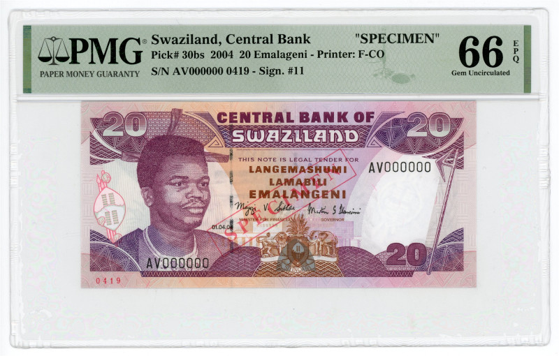 Swaziland 20 Emalageni 2004 Specimen PMG 66 EPQ Gem Uncirculated

P# 30bs, N# ...