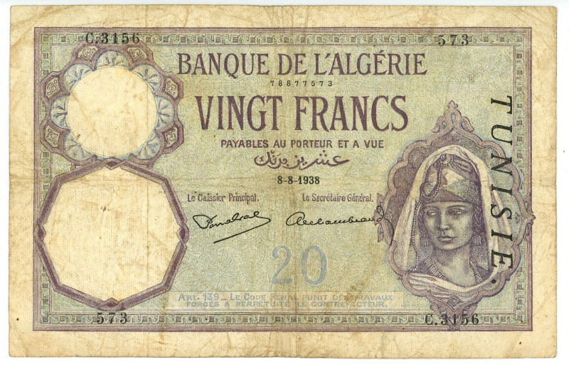 Tunisia 20 Francs 1938

P# 6, N# 242520; # C 3156 573; F+/VF-