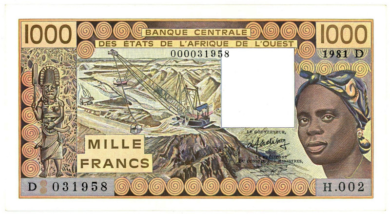 West African States Mali 1000 Francs 1981

P# 406Db, N# 207679; # D 000031958 ...