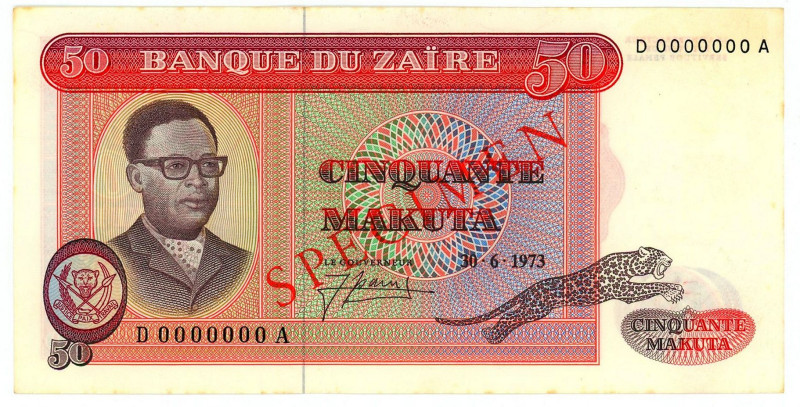 Zaire 50 Makuta 1973 Specimen

P# 16as, N# 212327; # D 0000000 A; Specimen; XF...