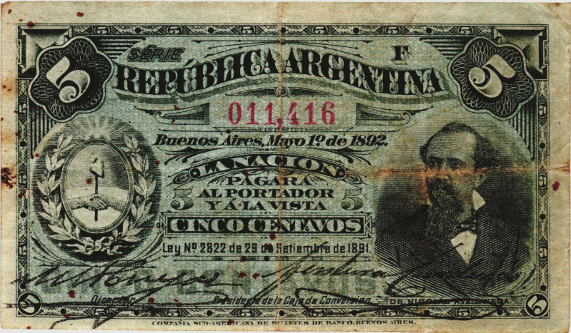 Argentina 5 Centavos 1892

P# 209, N# 219005; # 011416; VF-