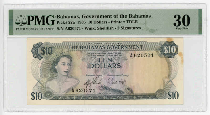 Bahamas 10 Dollars 1965 PMG 30 Very Fine

P# 22a, N# 274534; # A620571; VF