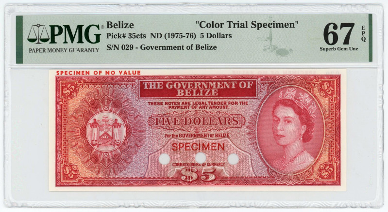 Belize 5 Dollas 1975 - 1976 (ND) Color Trial Specimen PMG 67 EPQ Superb Gem Unc...