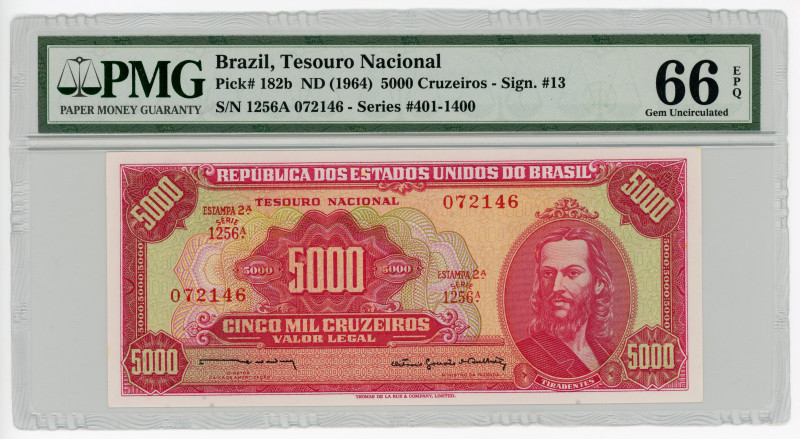 Brazil 5000 Cruzeiros 1964 (ND) PMG 66 EPQ Gem Uncirculated

P# 182b, N# 21239...