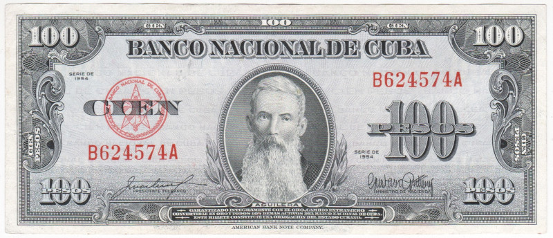 Cuba 100 Pesos 1954

P# 82b, N# 219535; # B 624574 A; XF+