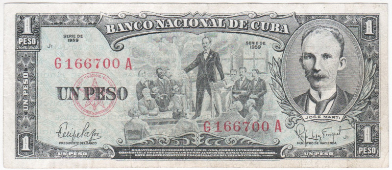 Cuba 1 Peso 1959

P# 90a, N# 219381; # G 166700 A; XF