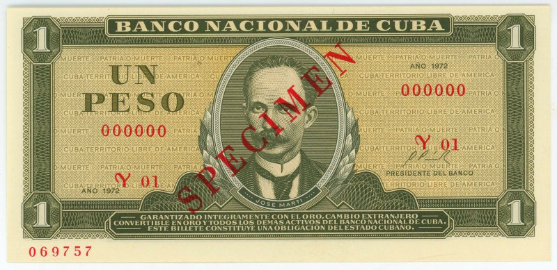 Cuba 1 Peso 1972 Specimen

P# 102bs, N# 205099; # Y01 000000; Overprint SPECIM...