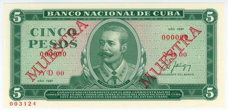 Cuba 5 Pesos 1987 Specimen

P# 103as, N# 205101; # YD 00 000000; Overprint MUE...