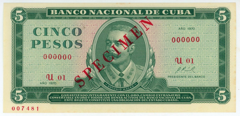 Cuba 5 Pesos 1970 Specimen

P# 103bs, N# 205101; # U01 000000; Overprint SPECI...